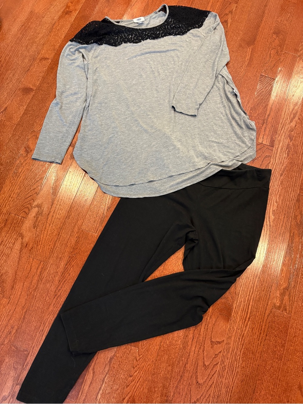 Old Navy Black Leggings with Gray Lace-Yoke Top